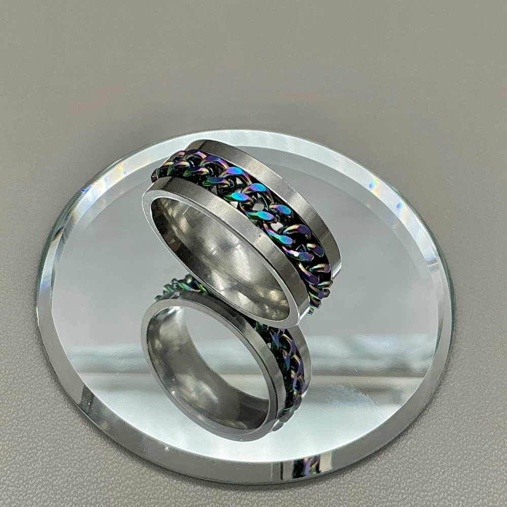 Ring Women Silver Tone Rainbow Iridescent Curb Chain‎ Spinner Band Size 8